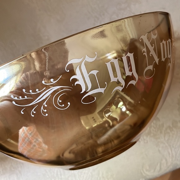 Jeannette Marigold luster carnival glass eggnog bowl, 5 cups and saucers - Picture 3 of 16